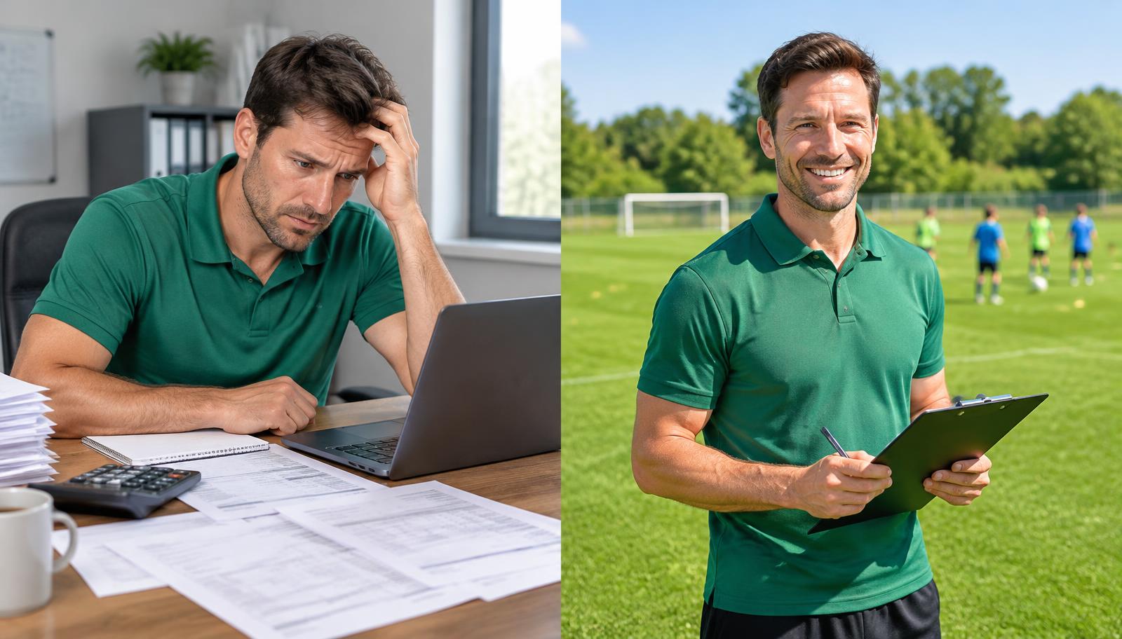 Illustrativer Vorher-Nachher-Vergleich: Büroarbeit und Zeit auf dem Fußballplatz